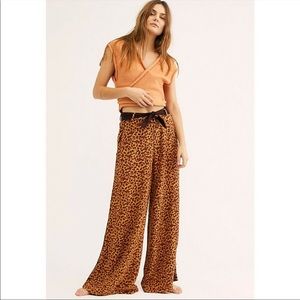 Free People Mustard Red Cheetah Animal Print Pants wide leg belted